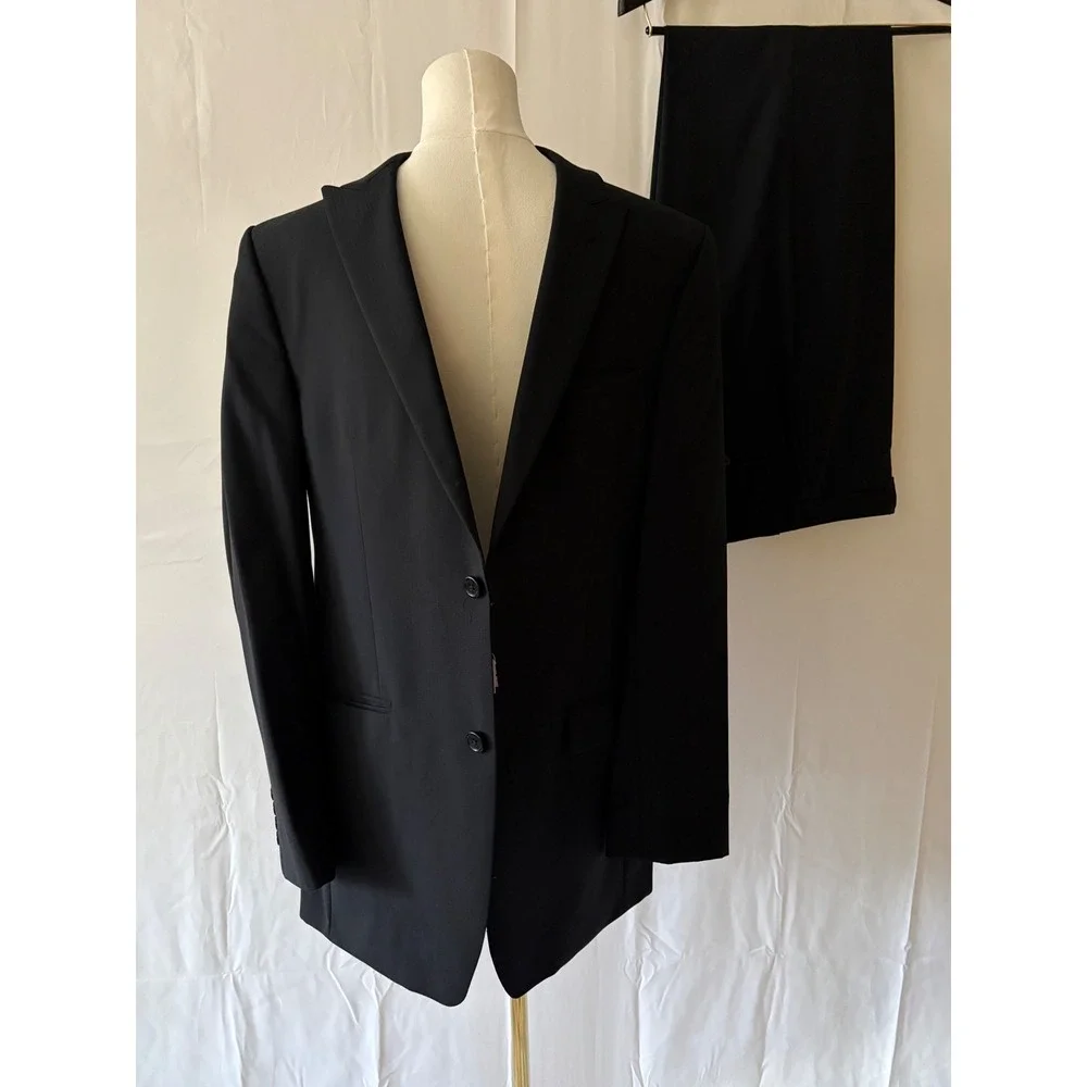 Joseph Abboud Mens‎ Black Wool Suit 39L 34x31 Pinstripe 2pc w/ Garment Bag